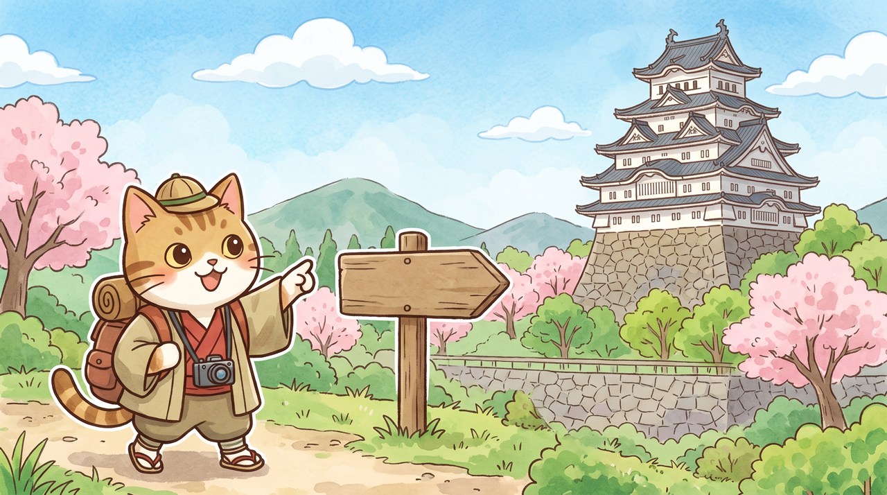 桜の咲く城下を旅するキジトラ猫のイラスト